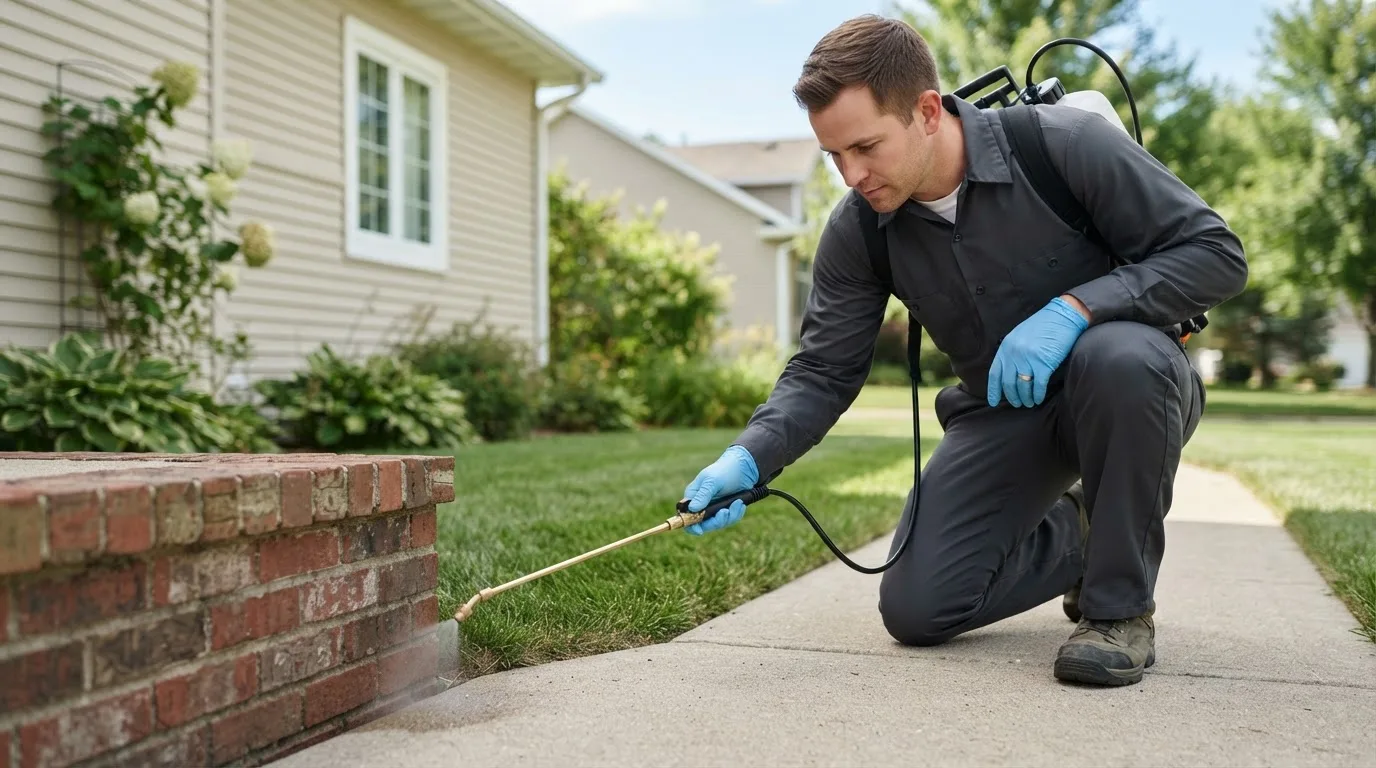 Pest control technician treating a home near Leasburg, NC