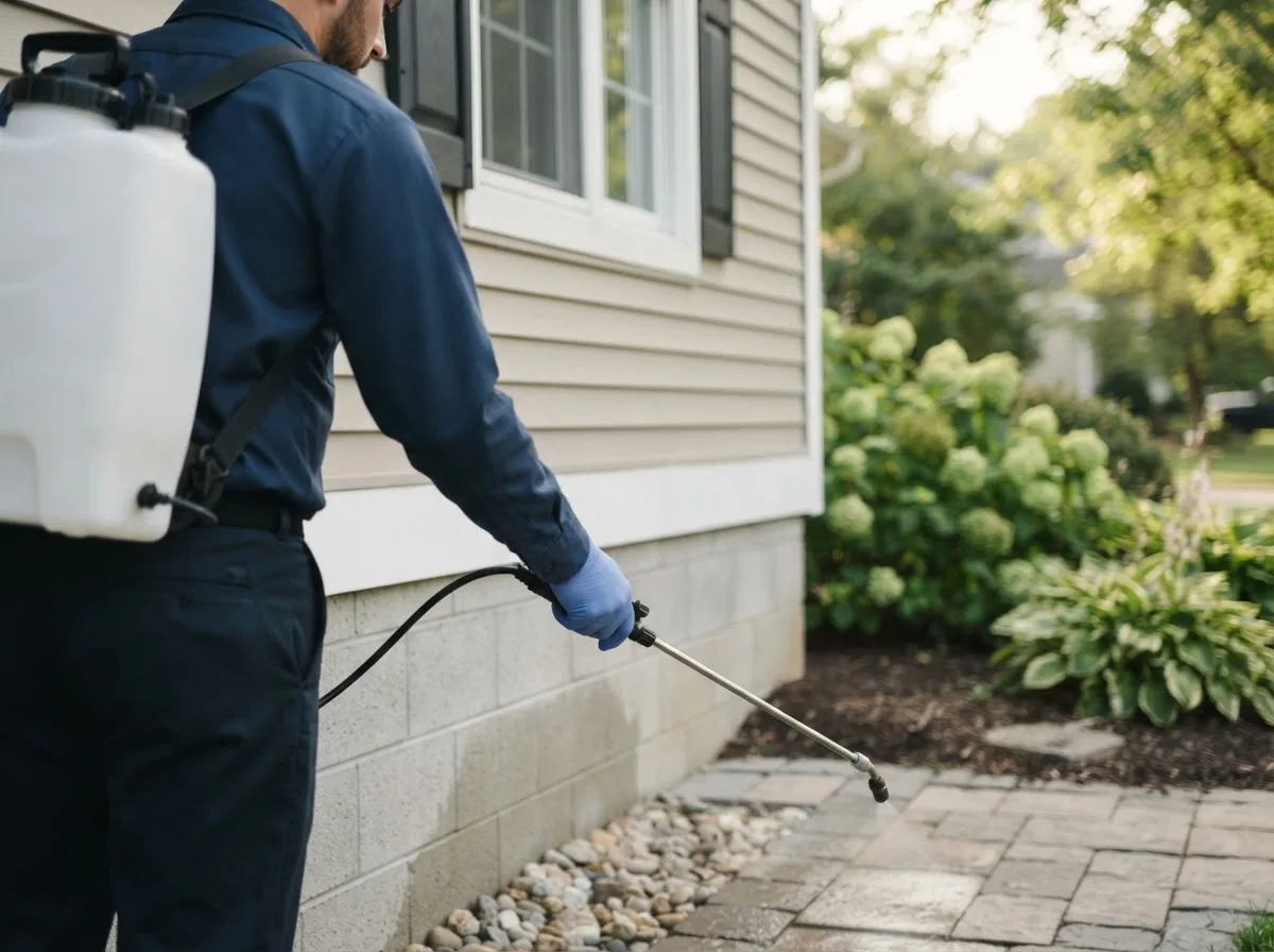 Pest control technician inspecting a home in Leasburg, NC